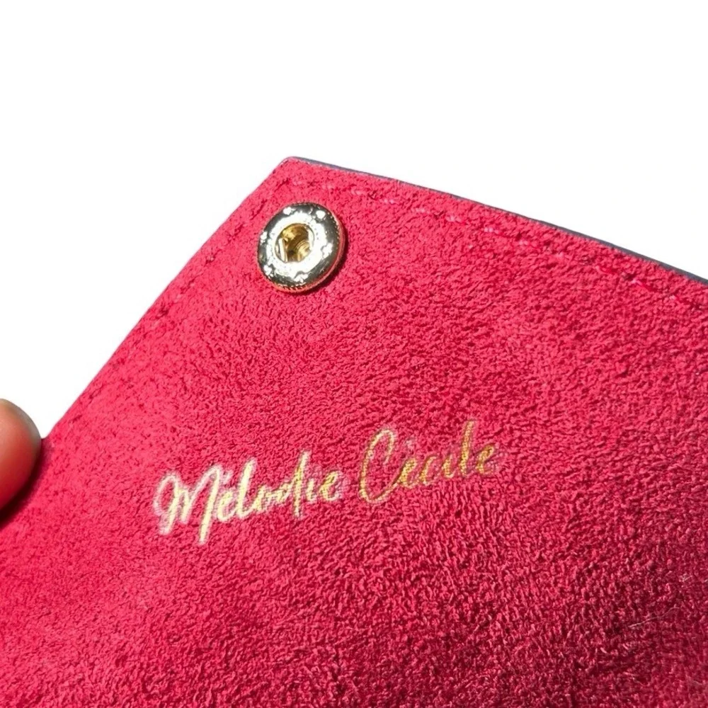 Melodie Cecile Navy Blue Pebbled Leather Envelope Wallet Keychain Fuchsia Lining